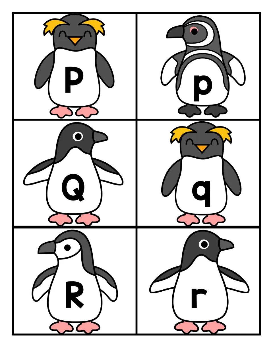 P, Q and R letter cards on penguins, uppercase and lowercase forms of each, for recognizing and matching letter pairs