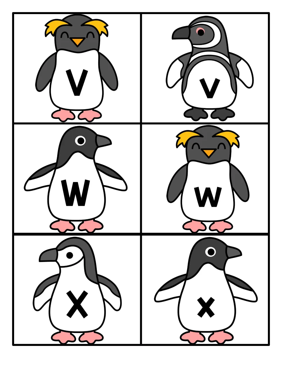 V, W and X letter cards: penguins each display one uppercase or lowercase letter for children to name and match