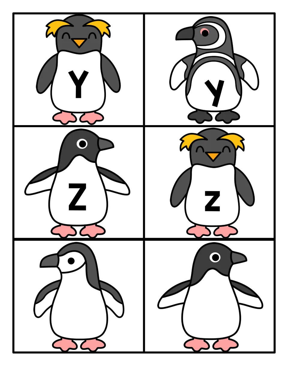 Y and Z letter cards in capital and lowercase on penguins, plus two blank penguin cards with no letter printed