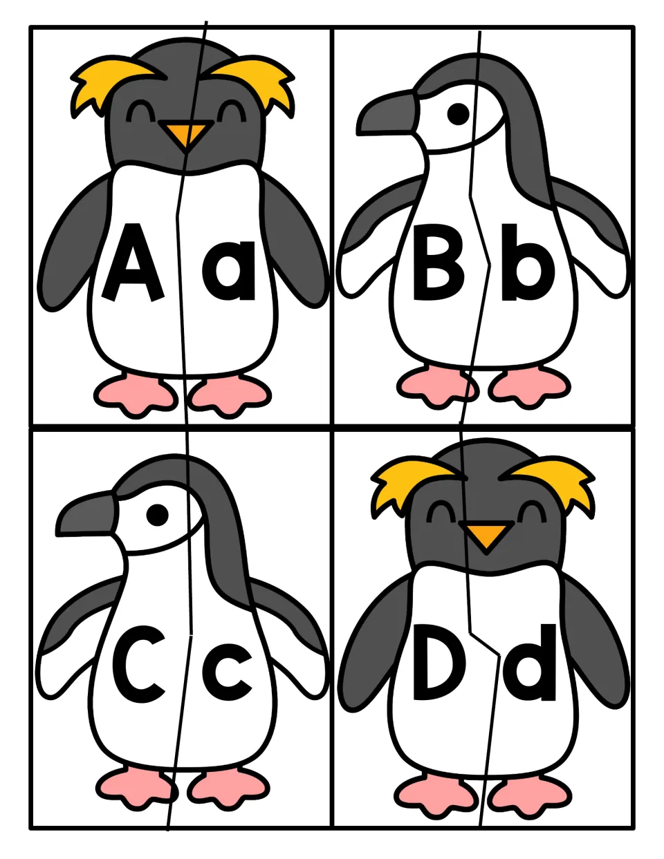 Letter matching A to D: students cut each penguin in two and join uppercase A, B, C, D to lowercase a, b, c, d
