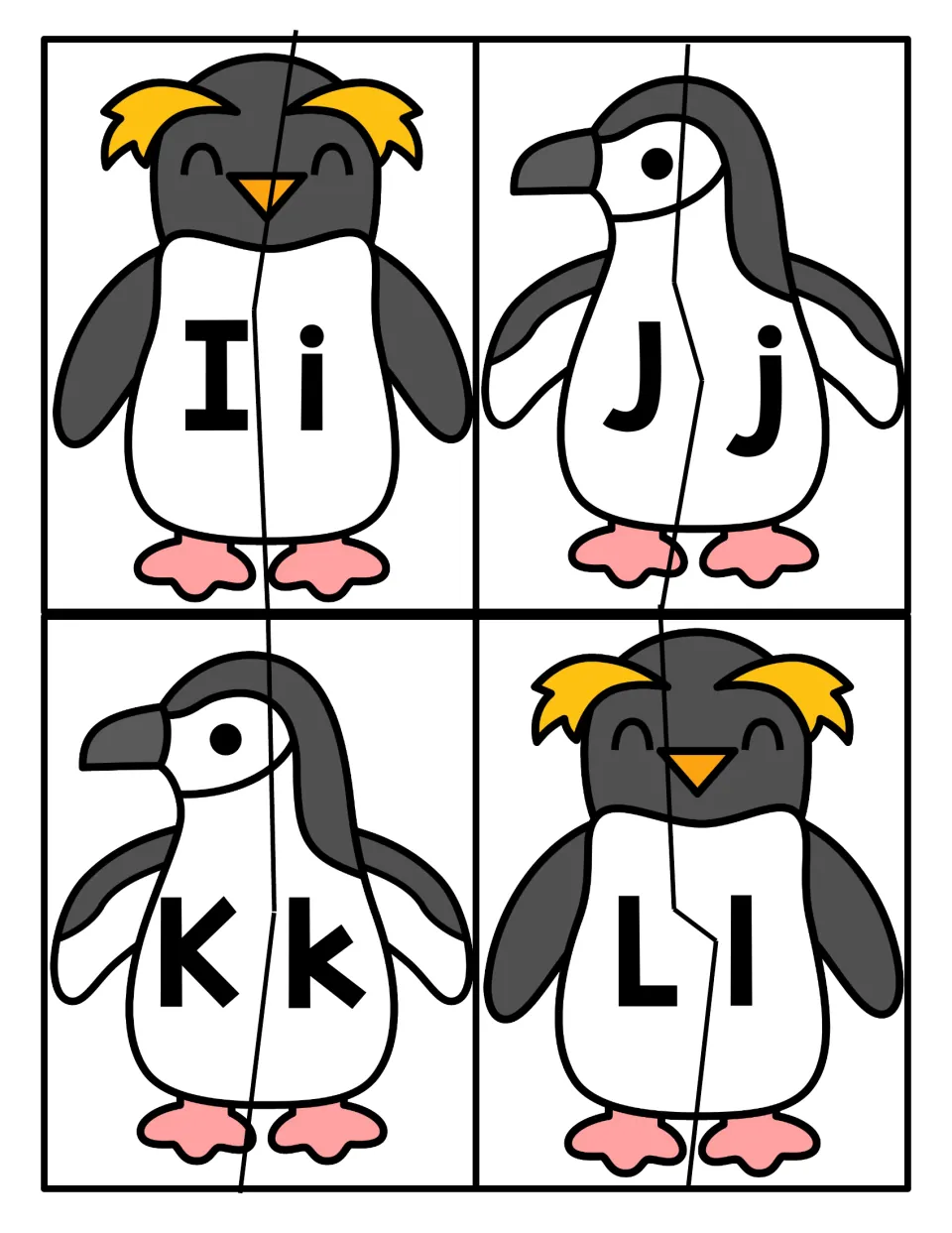 Letters I to L: students match uppercase I, J, K, L halves to lowercase i, j, k, l halves to rebuild each penguin