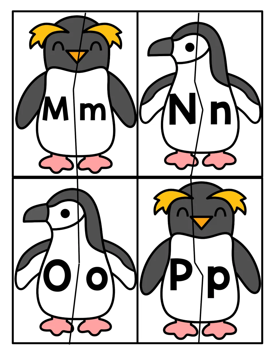 Letters M to P: penguin puzzles cut in half so children join capital M, N, O, P with matching lowercase m, n, o, p