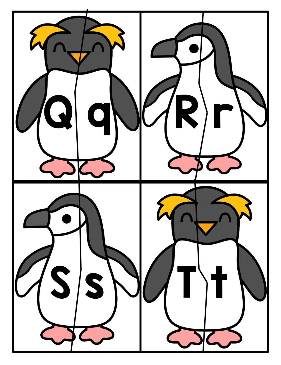 Letters Q to T: students pair uppercase Q, R, S, T with lowercase q, r, s, t by fitting two penguin halves together