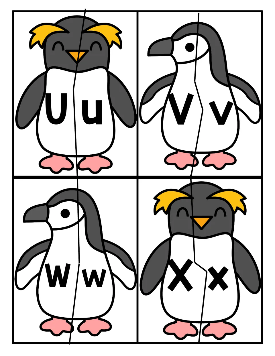 Letters U to X: two-part penguins matching capital U, V, W, X to lowercase u, v, w, x for upper and lowercase pairing