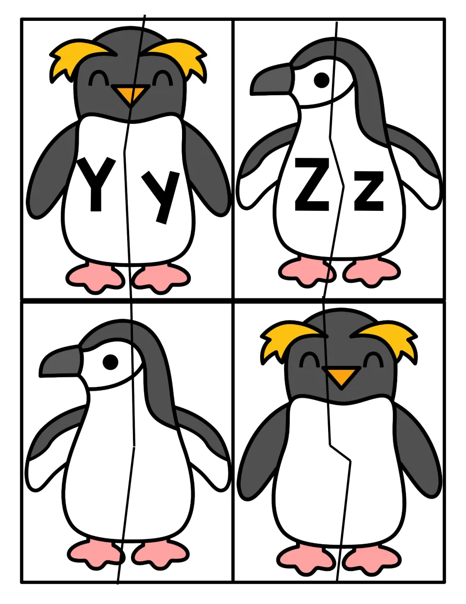 Letters Y and Z: penguin halves pairing Y with y and Z with z, plus two blank penguin puzzles with no letters
