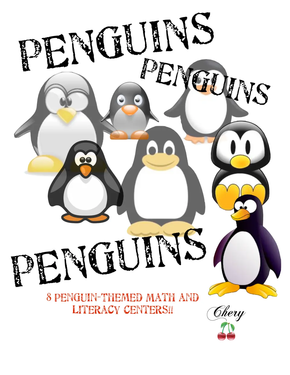Cover of the Penguin Center Activity Pack, labeled as eight penguin-themed math and literacy centers