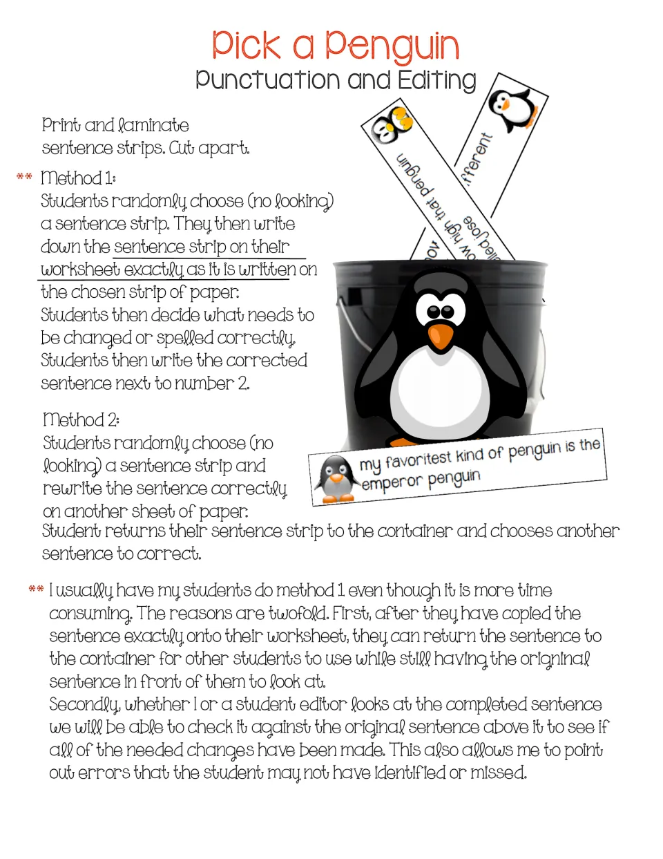 Pick a Penguin directions explain two ways to choose sentence strips and correct punctuation and spelling