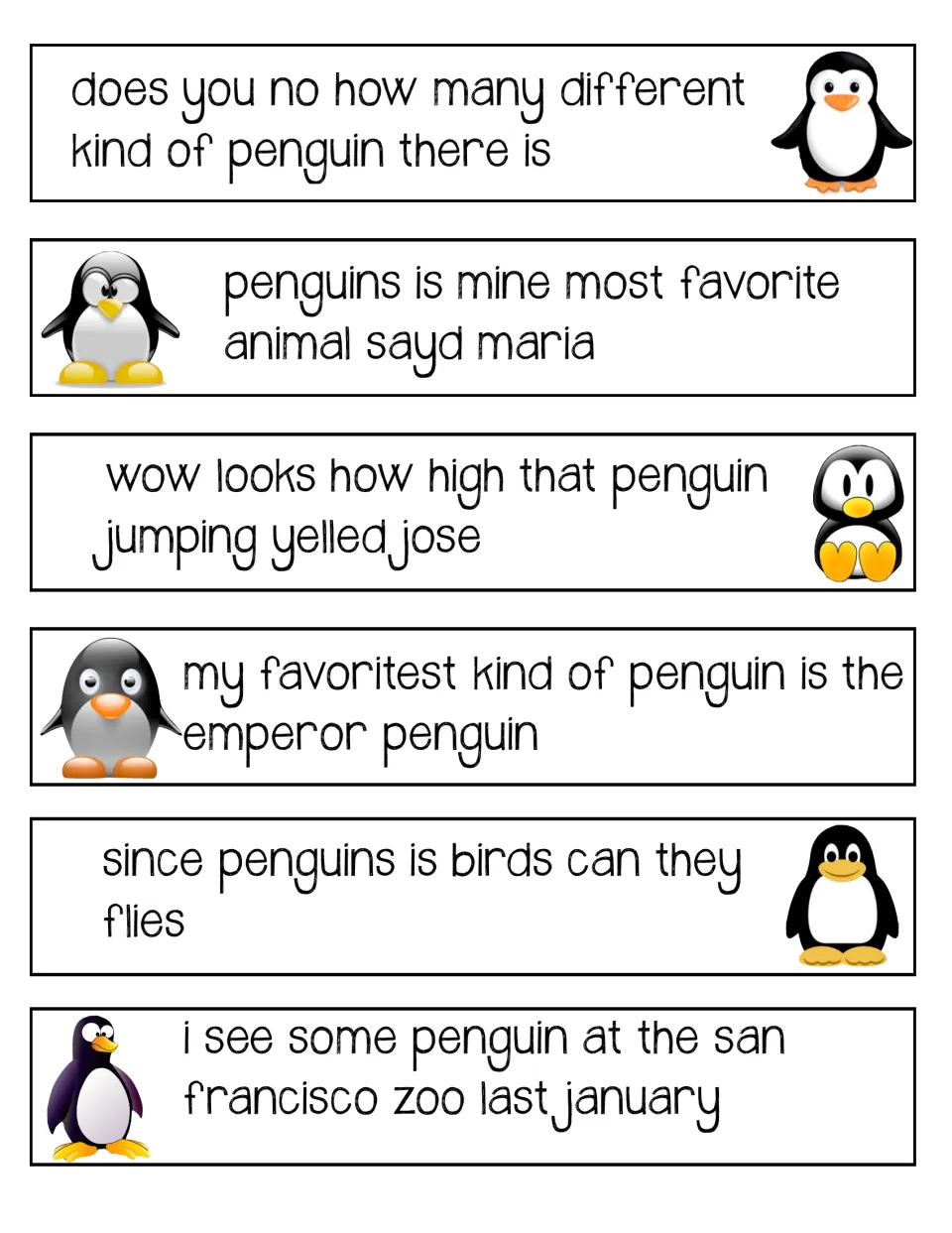 Editing strips 1–6 contain errors in sentences about penguin kinds, favorites, jumping, flight, and a zoo