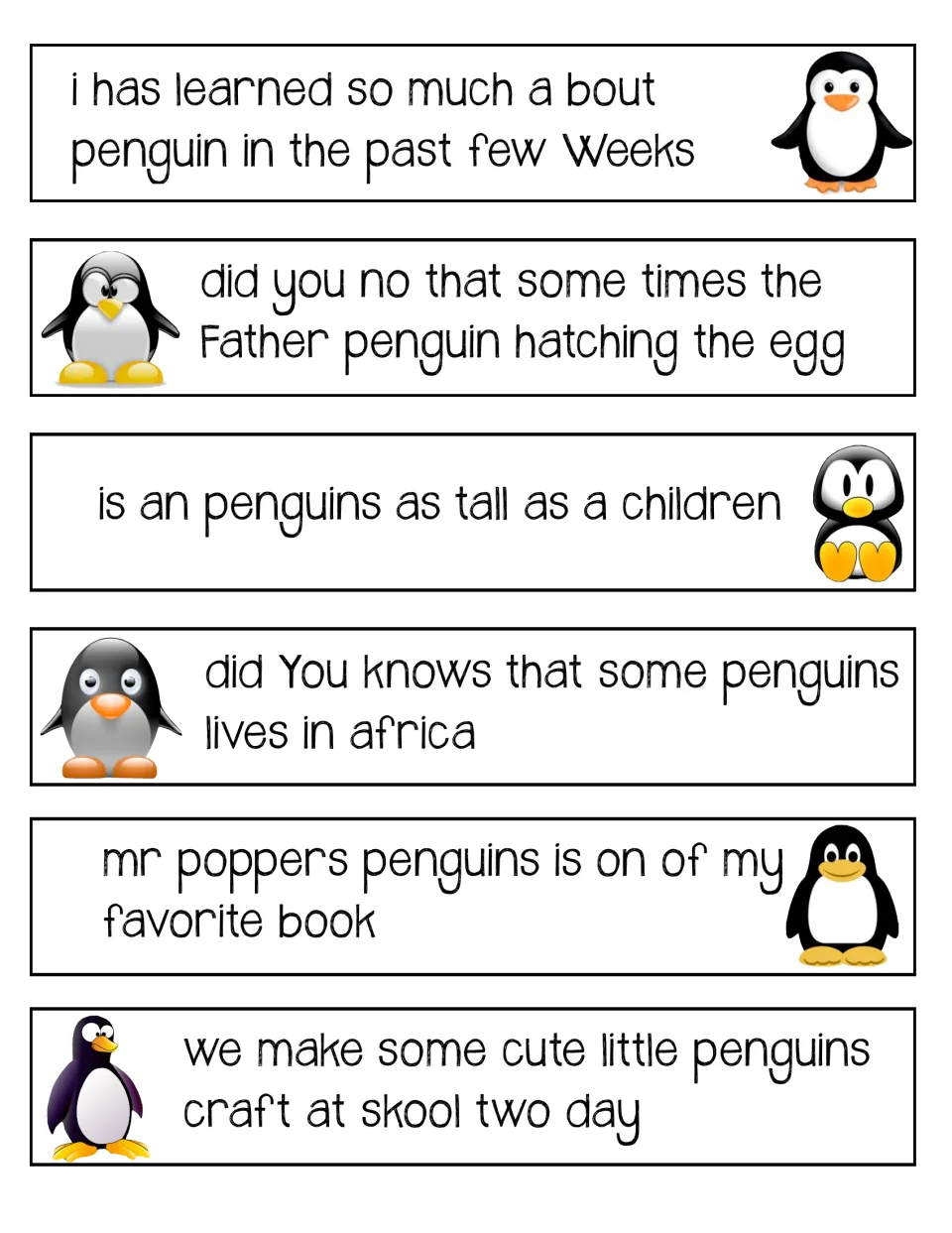 Editing strips 7–12 cover learning about penguins, eggs, height, Africa, Mr. Popper's Penguins, and crafts