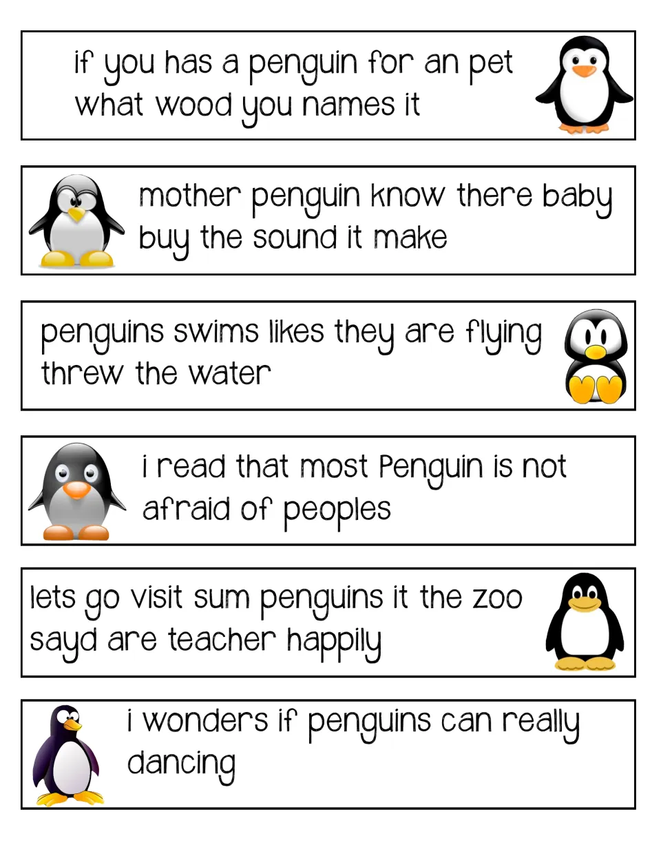 Editing strips 13–18 contain errors about a pet penguin, baby calls, swimming, people, a zoo, and dancing