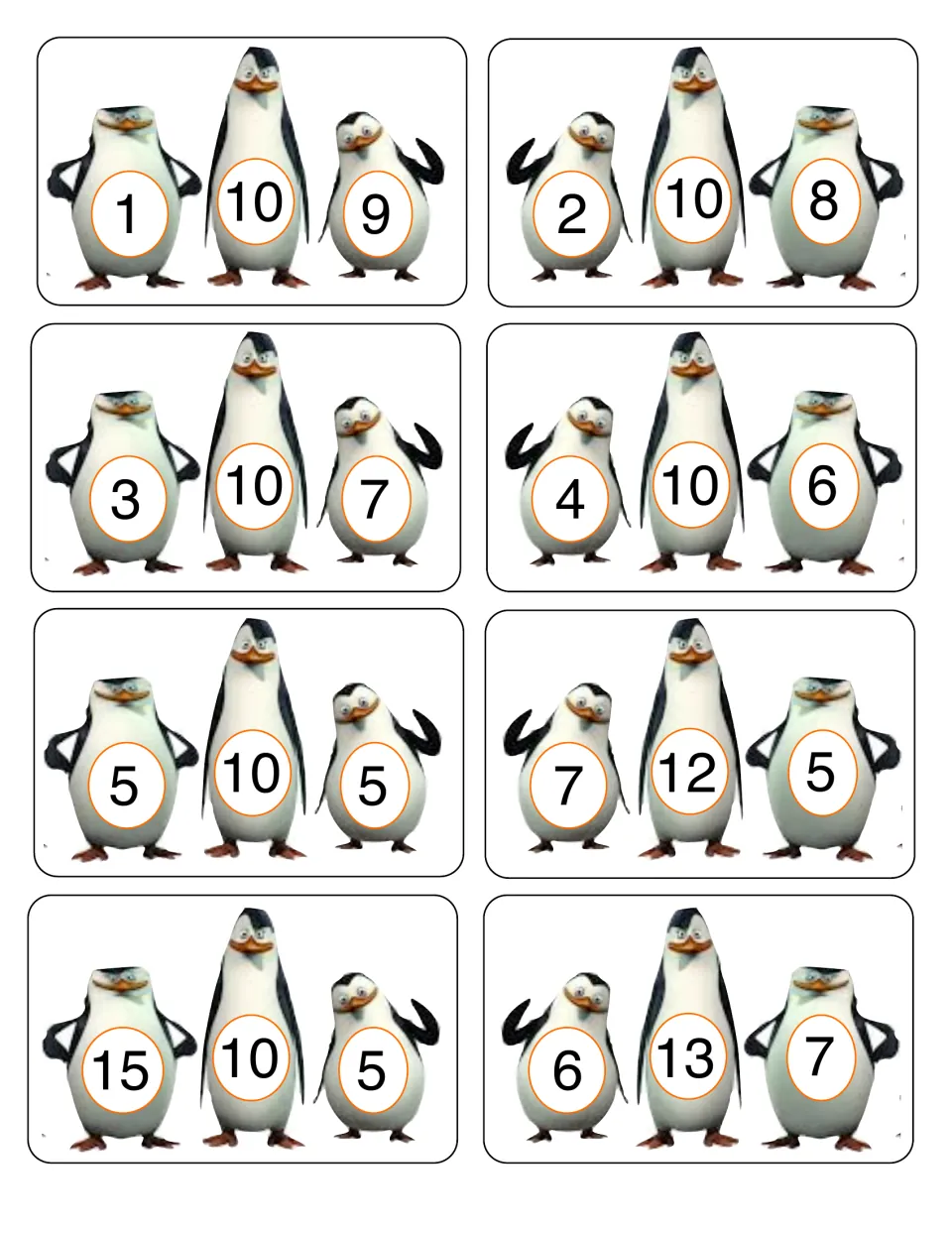 Eight fact-family cards show number groups including 1, 10, 9; 2, 10, 8; 3, 10, 7; and five more groups