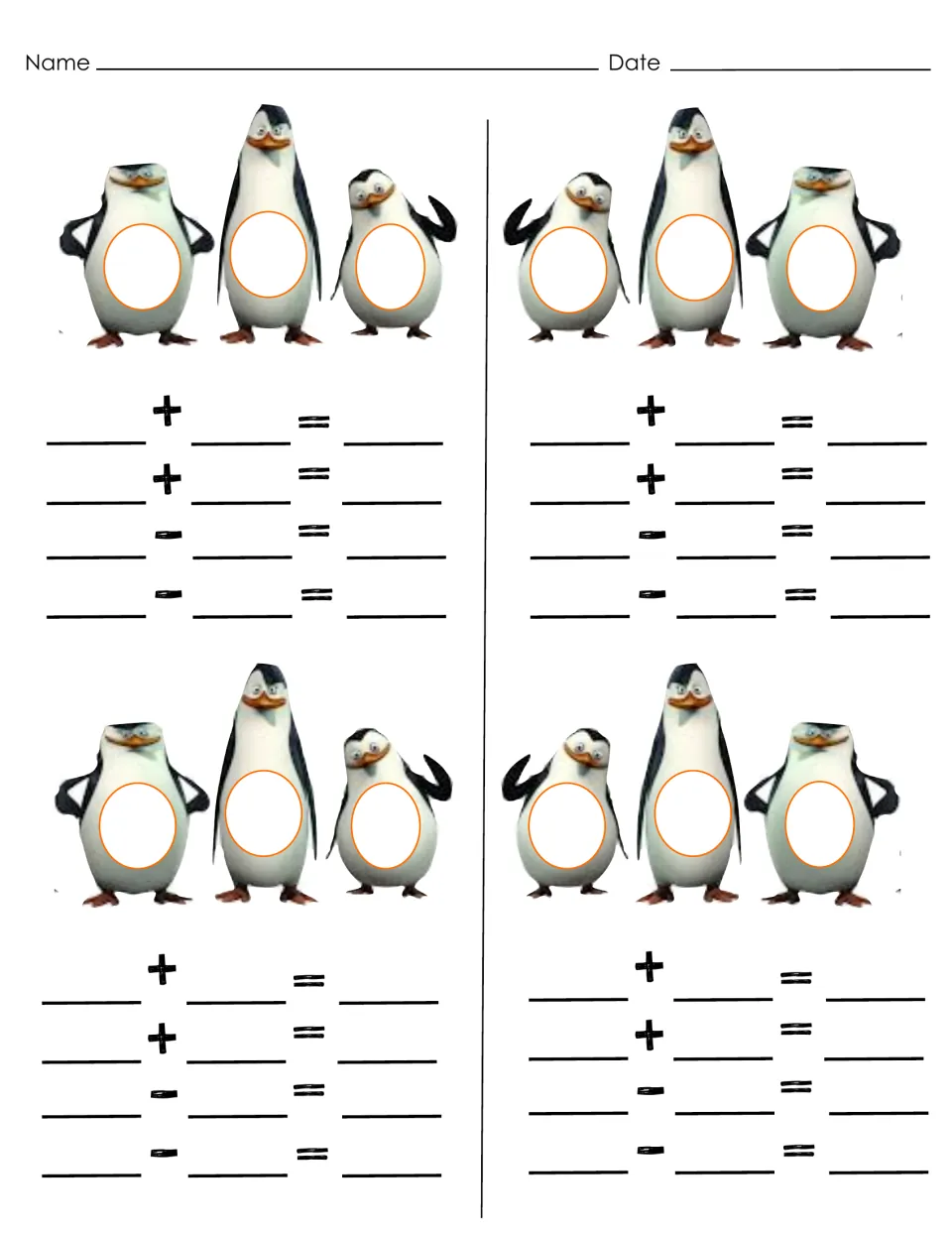 Second fact-family recording sheet repeats four groups for three numbers and addition and subtraction facts
