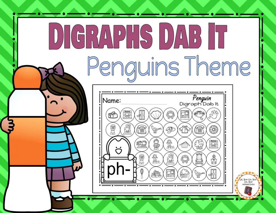 Cover of a penguin-themed digraph dab-it packet, showing a sample ph- picture identification activity