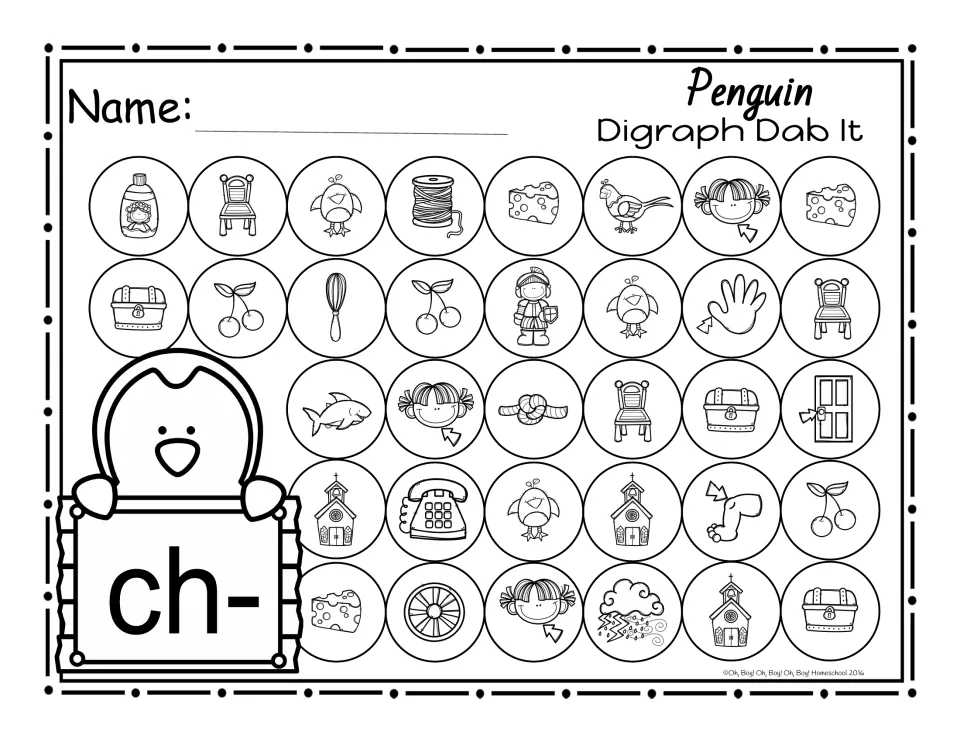 Beginning ch- dab-it activity featuring pictures of chest, chair, chick, cherries, chin, cheese, and church