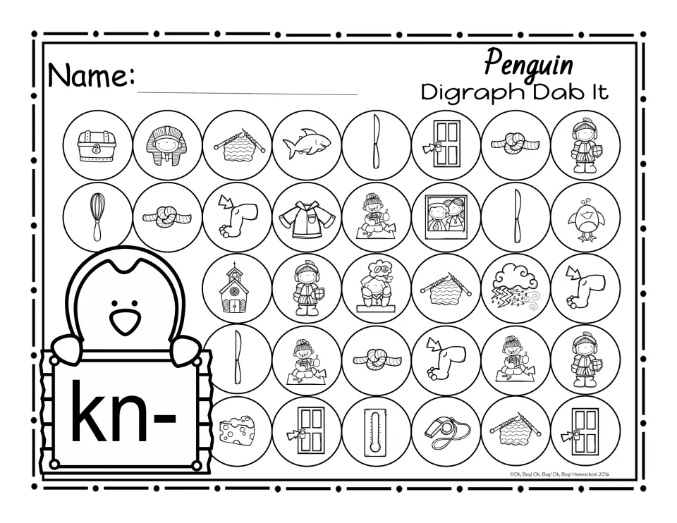 Beginning kn- dab-it activity featuring pictures of knit, knot, knee, kneel, knife, knight, and knob