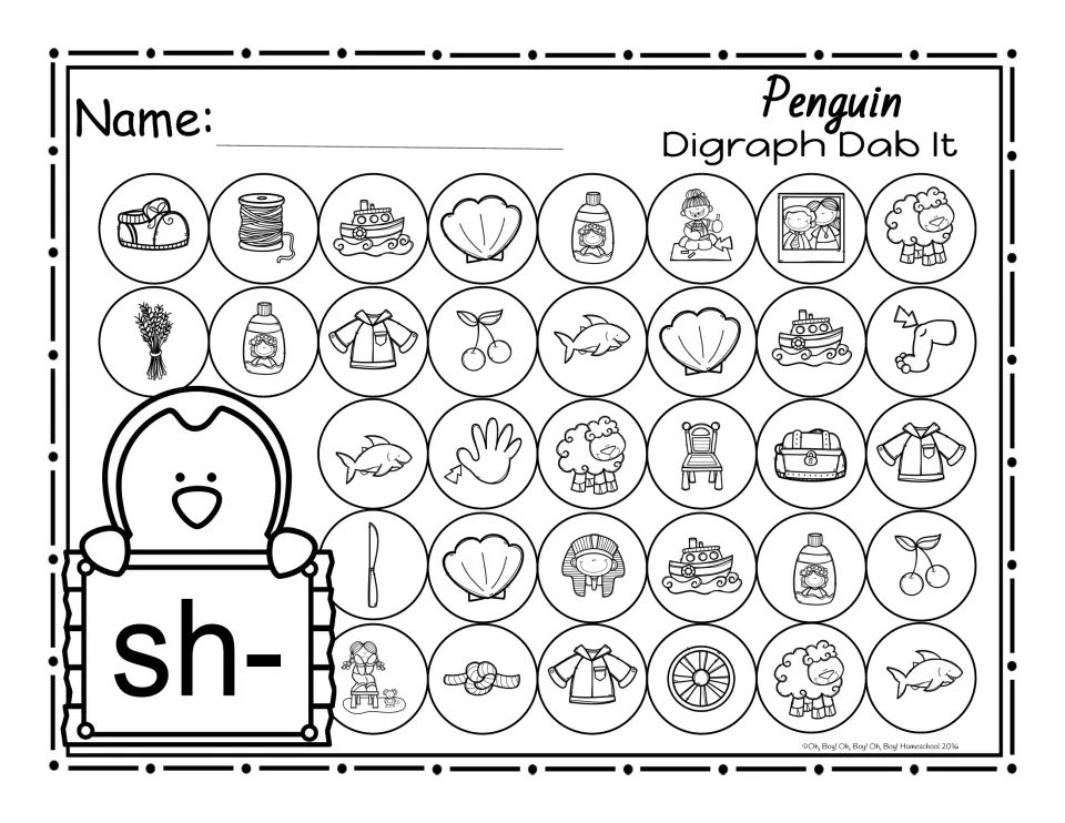 Beginning sh- dab-it activity featuring pictures of shoe, ship, shell, shampoo, sheep, shirt, and shark