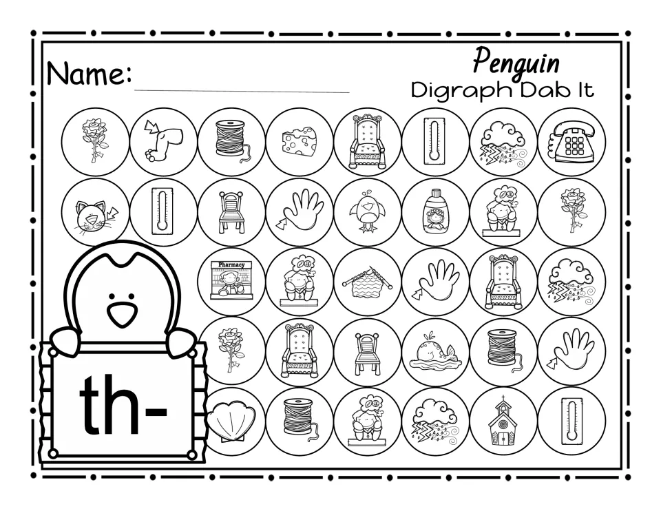 Beginning th- dab-it activity featuring thorn, thread, throne, thermometer, and thumb pictures among others