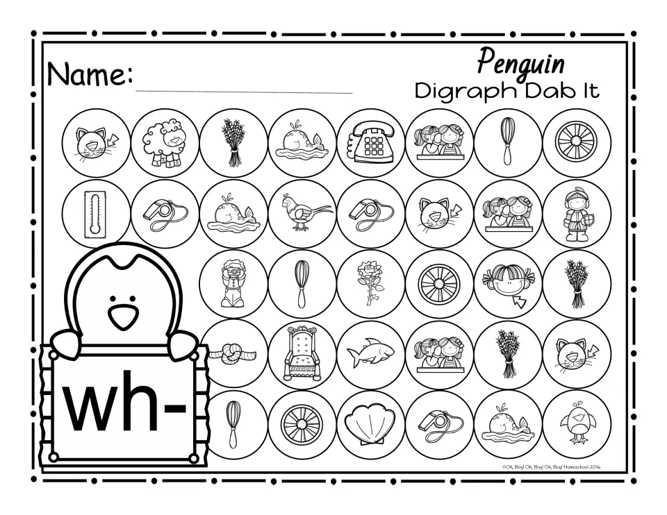 Beginning wh- dab-it activity featuring whale, whisk, whiskers, whistle, wheat, wheel, and whisper pictures