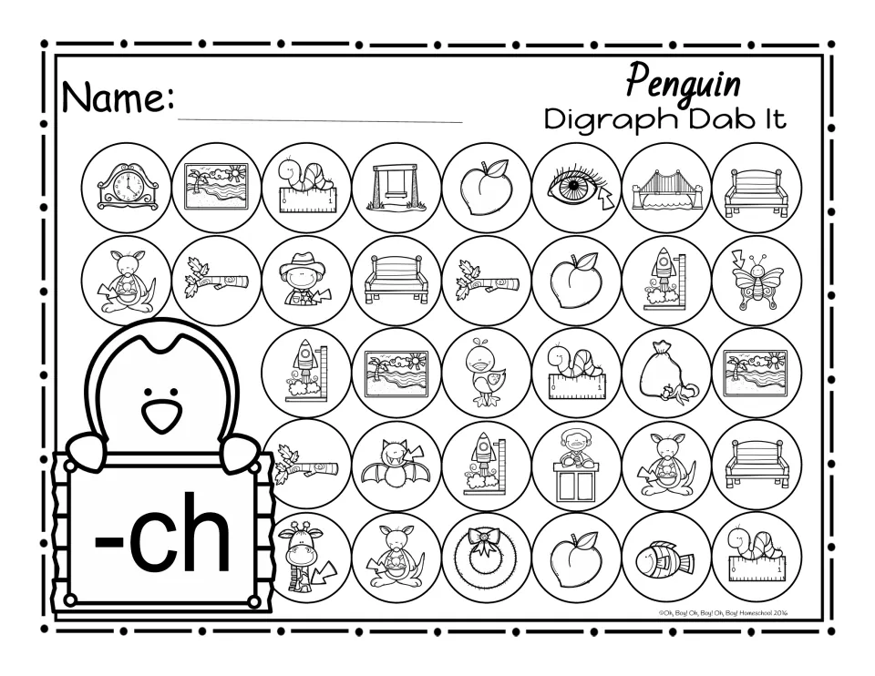Ending -ch dab-it activity featuring pictures of beach, bench, branch, inch, launch, peach, and pouch