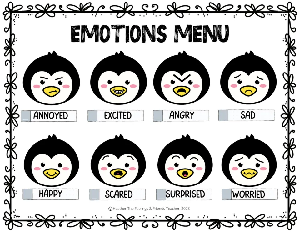 Color Emotions Menu for naming feelings: penguin faces show annoyed, excited, angry, sad, happy, scared, surprised, worried