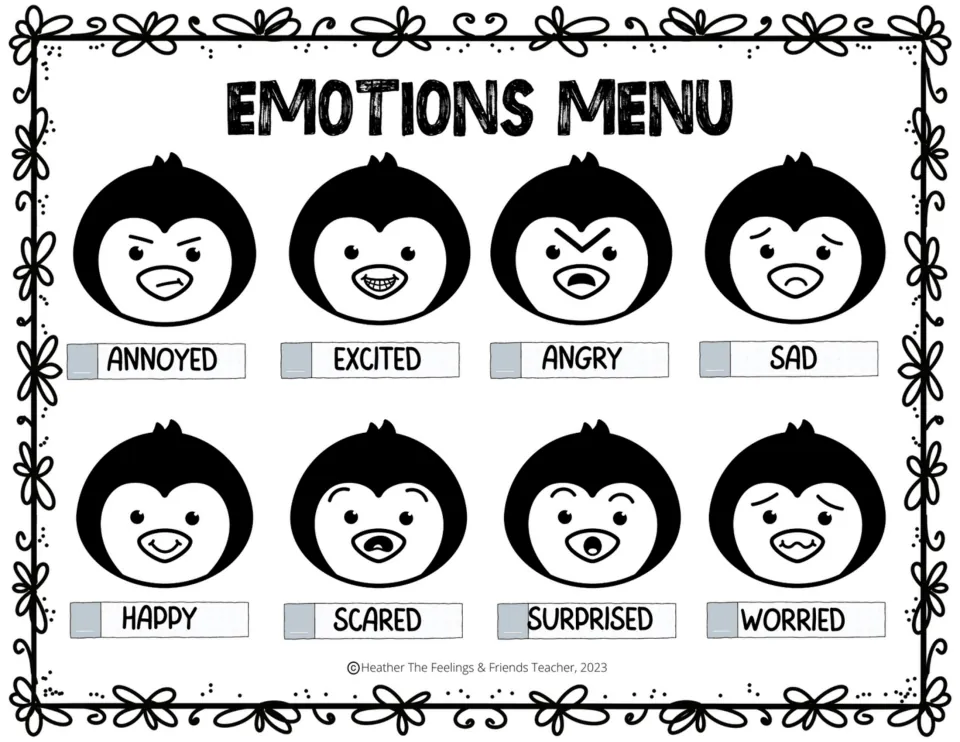 Black-and-white Emotions Menu: eight penguin faces showing feelings from annoyed and excited to surprised and worried
