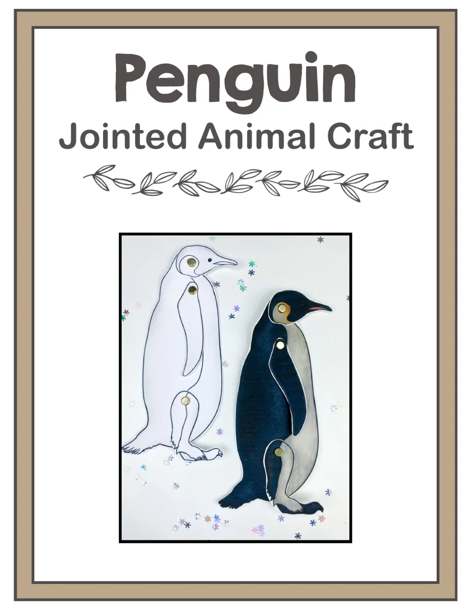 Penguin jointed animal craft cover showing a plain and a colored emperor penguin joined at neck, wing and leg with brads