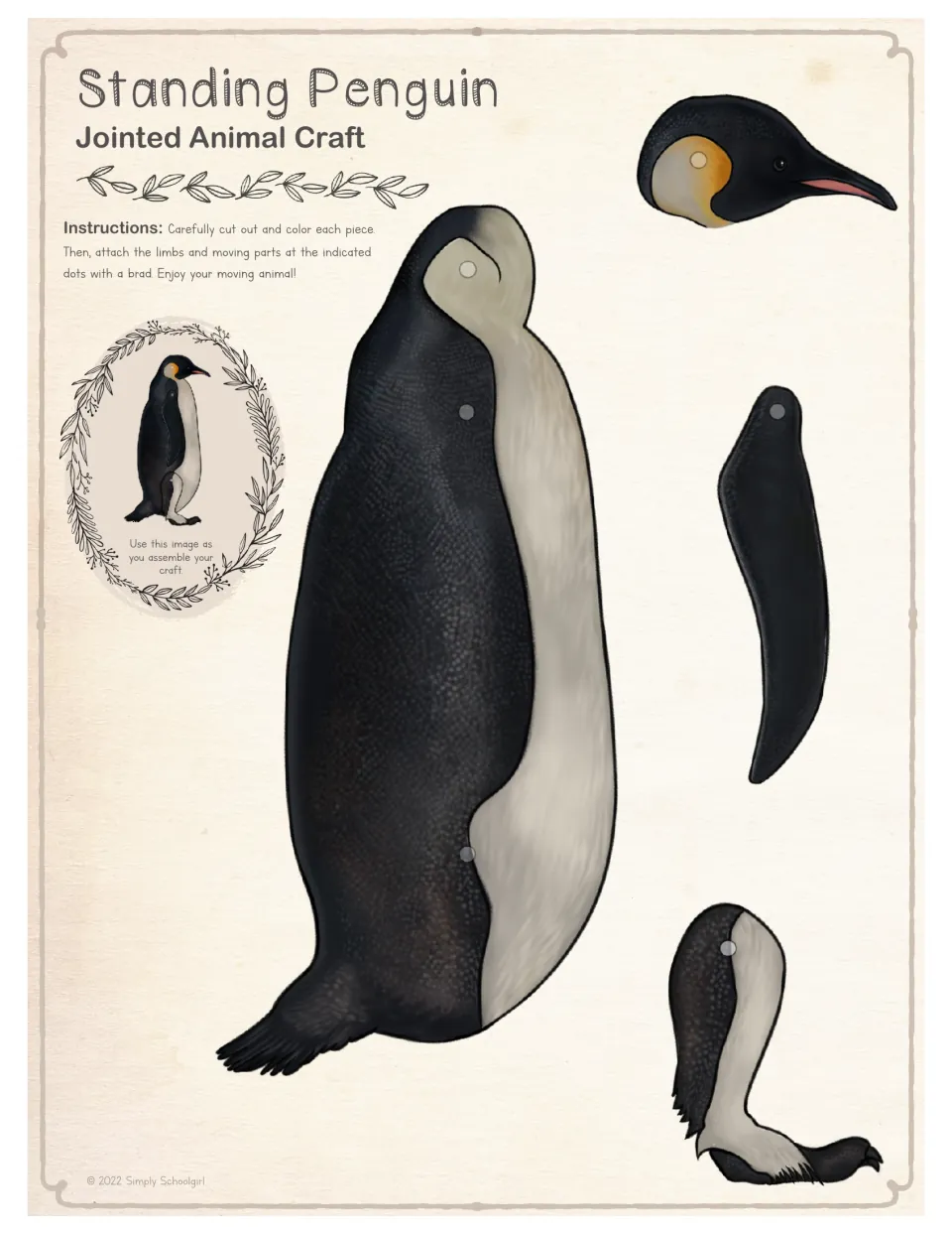 Standing penguin in full color: students cut out body, head, flipper and leg, then join at the marked dots with brads