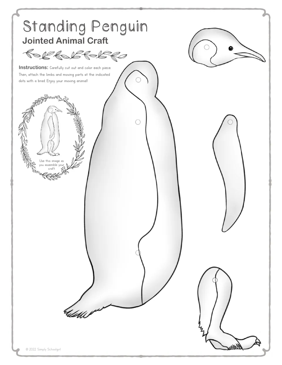 Standing penguin outline: students color, then cut out body, head, flipper and leg and attach at the circles using brads