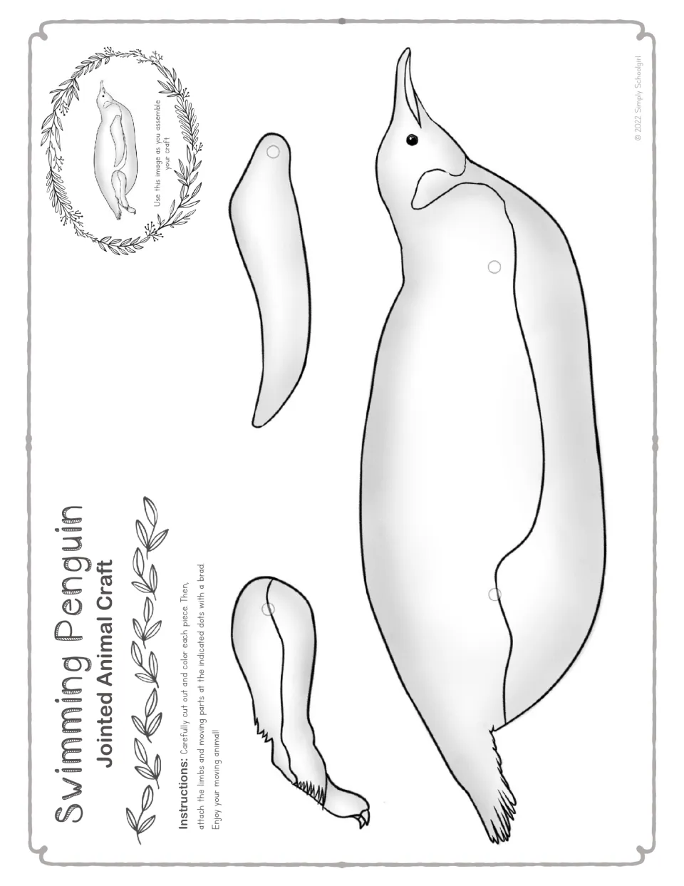 Swimming penguin outline for coloring: students color and cut out the body, flipper and leg, then connect them using brads