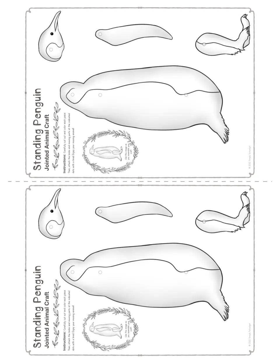 Two half-size standing penguin outline sets: students split the sheet at the dashed line, color, cut out and join the parts