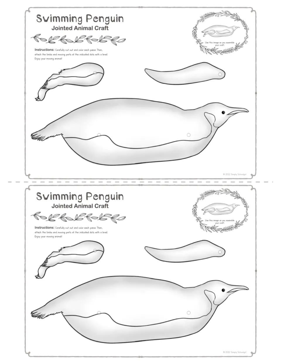 Two half-size swimming penguin outlines: students separate at the dashed line, color and cut out body, flipper and leg