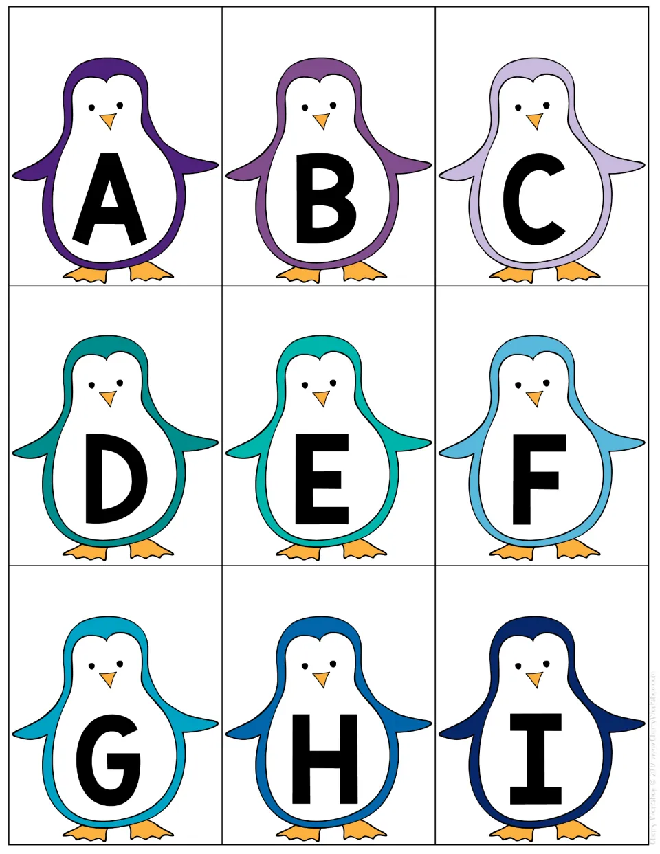Uppercase letter cards A to I: nine purple and blue penguins each show a capital to recognize and name aloud