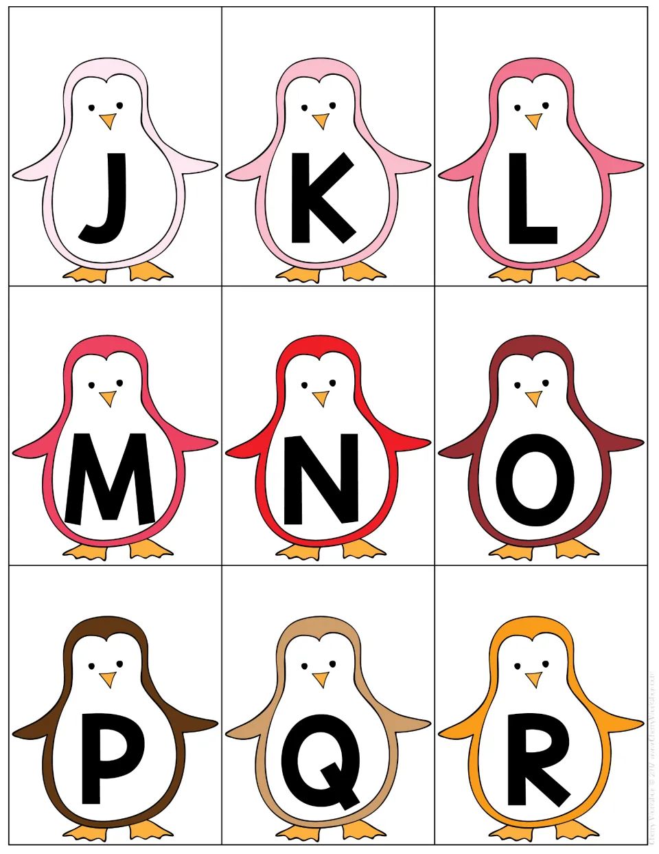 Uppercase cards J to R: nine pink, red, brown and orange penguins each show a capital letter to identify