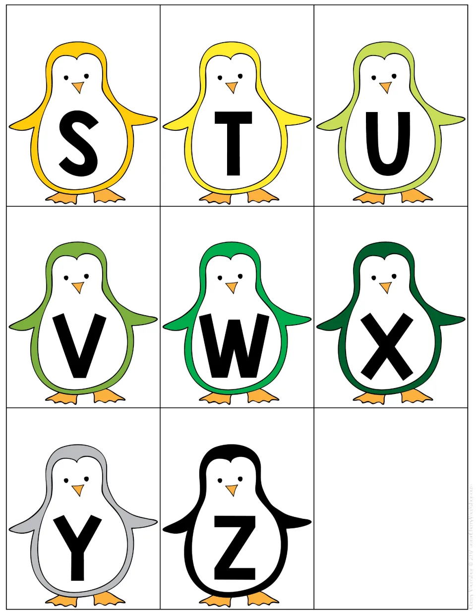 Uppercase cards S to Z: eight yellow, green, gray and black penguins with capitals for naming practice