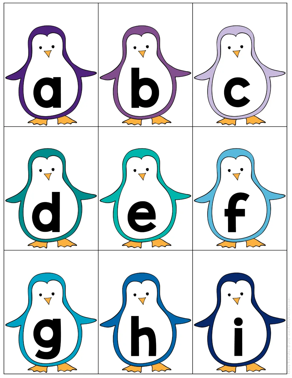 Lowercase cards a to i: nine purple and blue penguins each show one small letter for recognizing its form