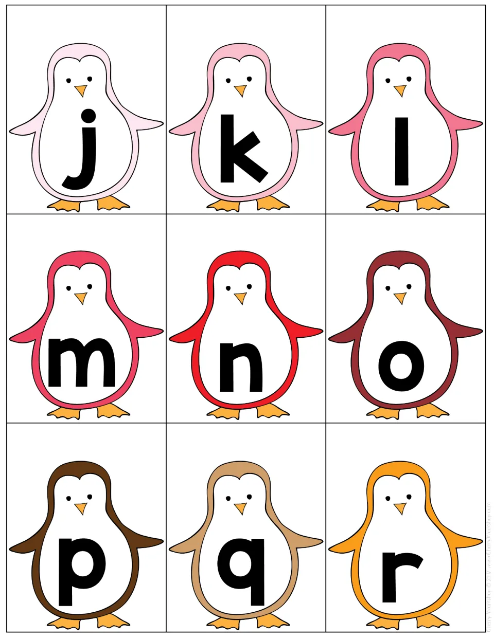 Lowercase cards j to r: pink, red, brown and orange penguins each carry a small letter to say aloud