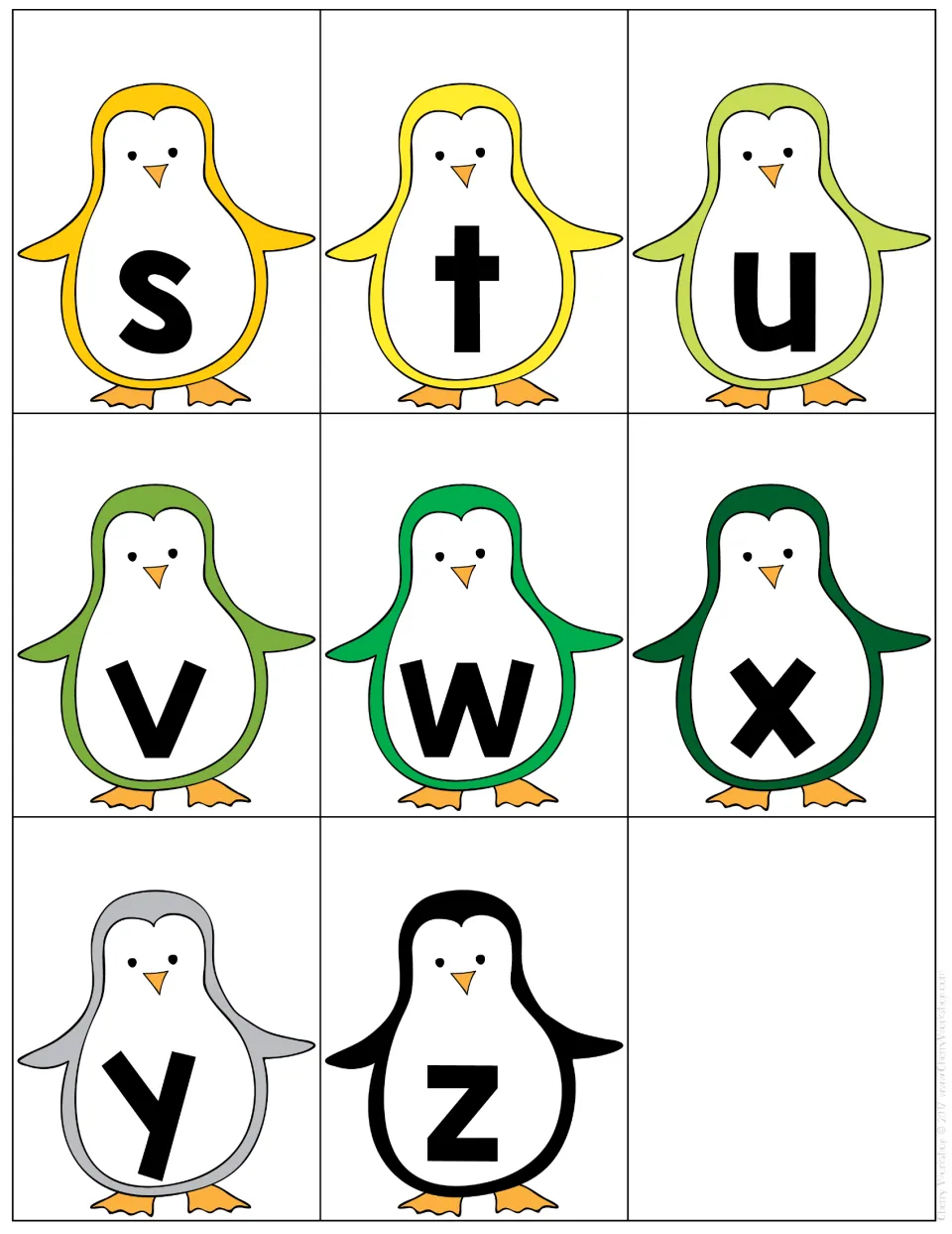 Lowercase cards s to z: eight penguins from yellow through gray to black finish the small alphabet