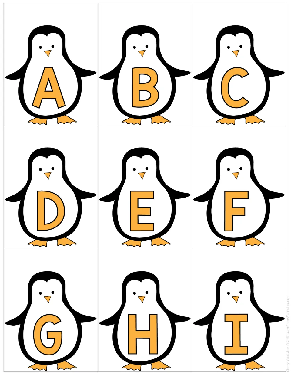 Black-and-white penguin cards A to I: bold orange capitals for a second uppercase set to identify