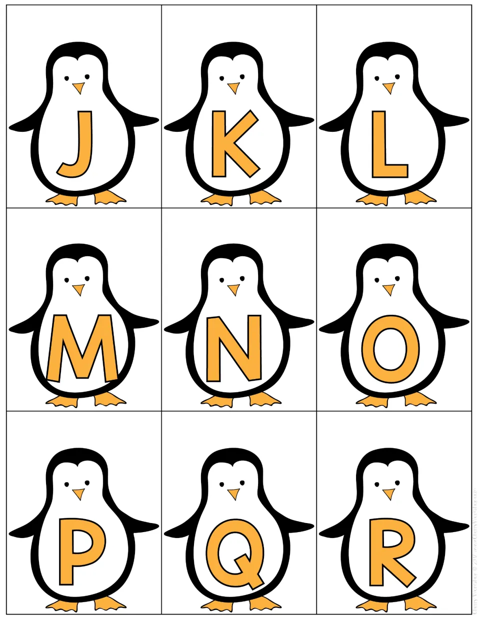 Black-and-white set J to R: nine orange capital letters to recognize and say aloud during review