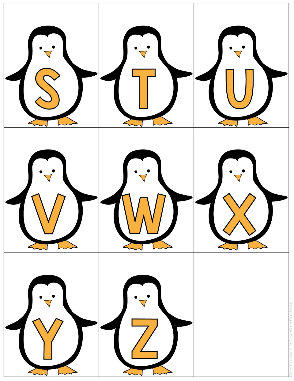 Black-and-white set S to Z: eight orange capitals on penguins finish the second uppercase alphabet