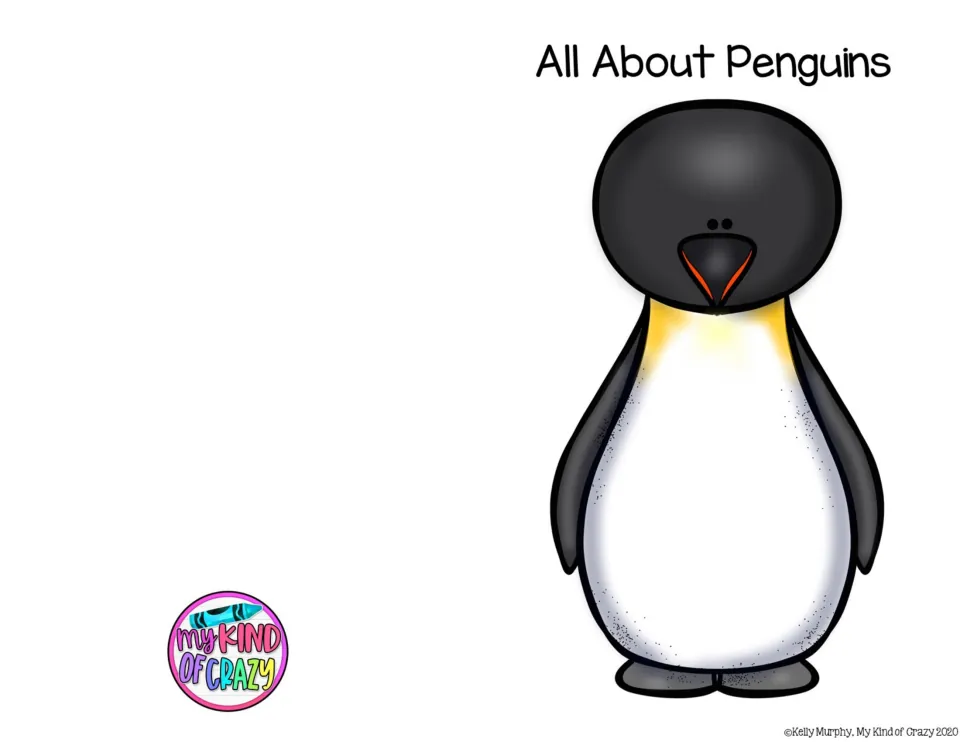 Adapted book cover titled 'All About Penguins' with a penguin illustration introducing the animal topic