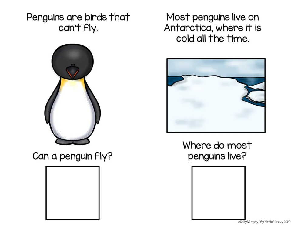 Adapted book sections 1–2 introduce penguins as flightless birds and ask about flying and where they live