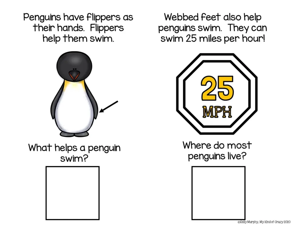 Adapted book sections 3–4 cover flippers, webbed feet, and swimming speed, with swimming and habitat questions