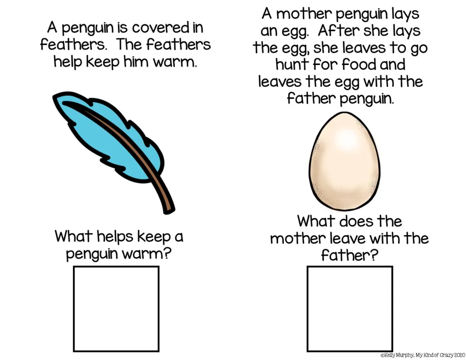 Adapted book sections 5–6 explain feathers and egg laying, asking what keeps penguins warm and what mom leaves