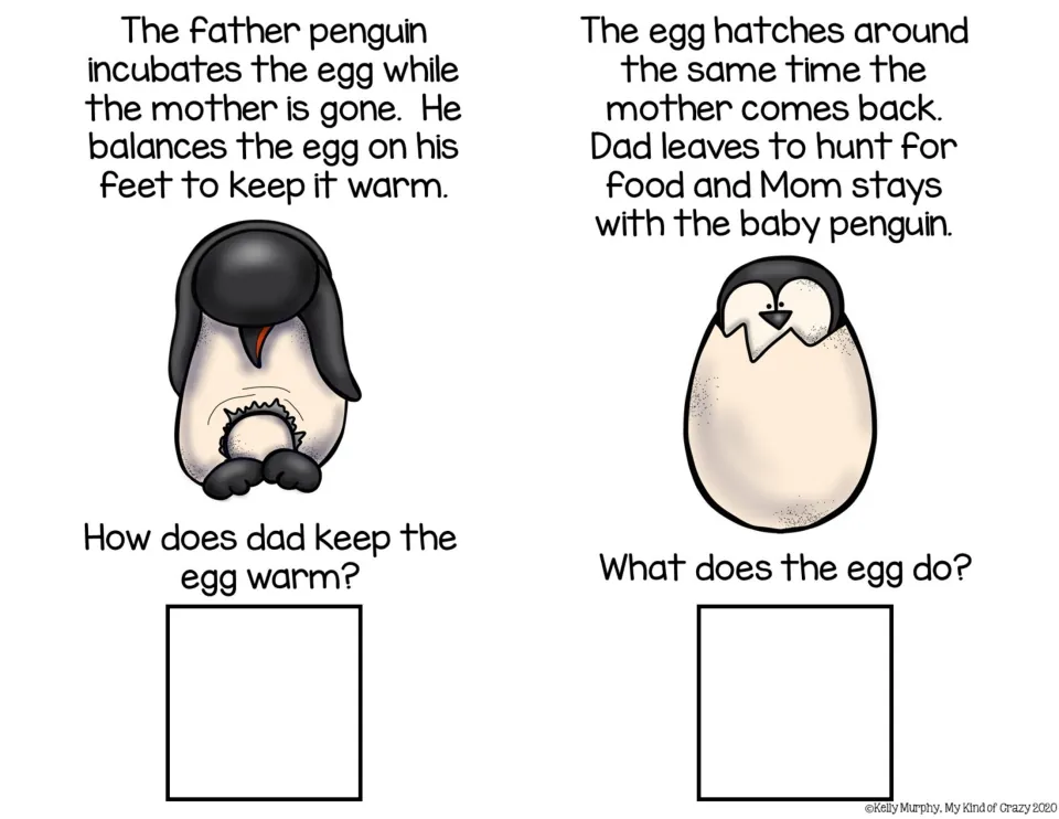 Adapted book sections 7–8 describe dad keeping the egg warm on his feet and the egg hatching as mom returns