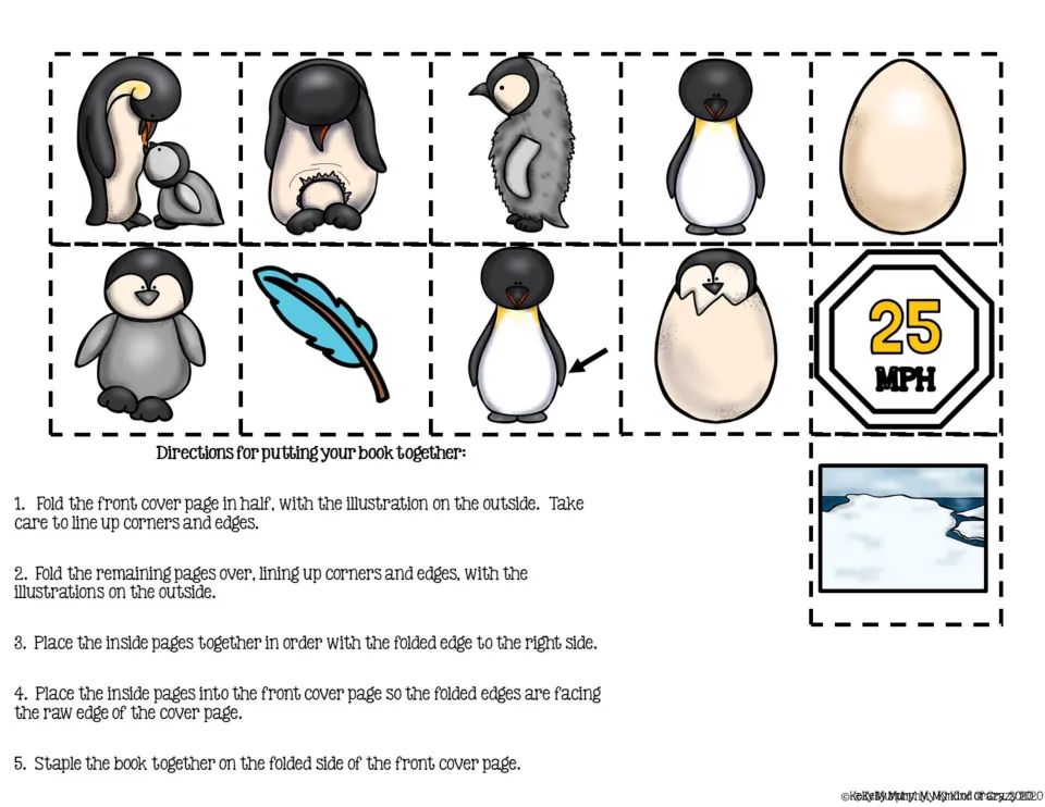 Adapted book picture choices: 11 cutouts showing penguins, an egg, a feather, ice, and speed, plus assembly steps