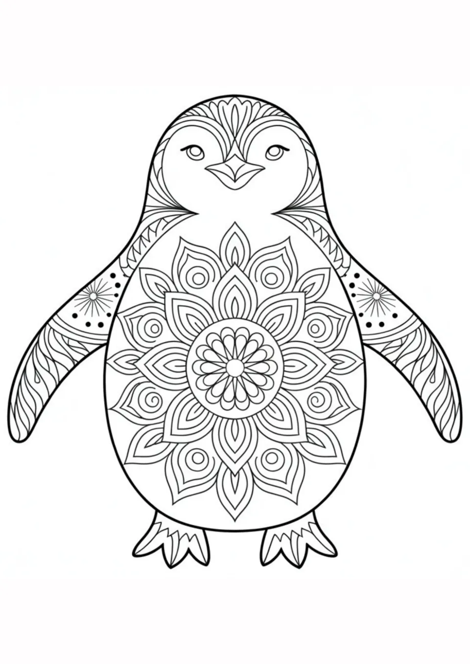 Penguin mandala coloring activity: uncolored penguin with a large floral mandala and patterned flippers