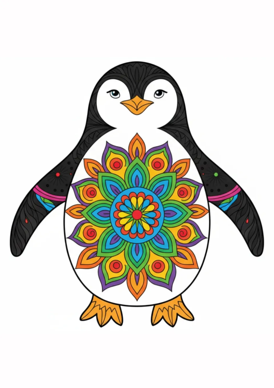 Colored example for the penguin mandala activity, with rainbow floral patterns, black flippers, and orange feet