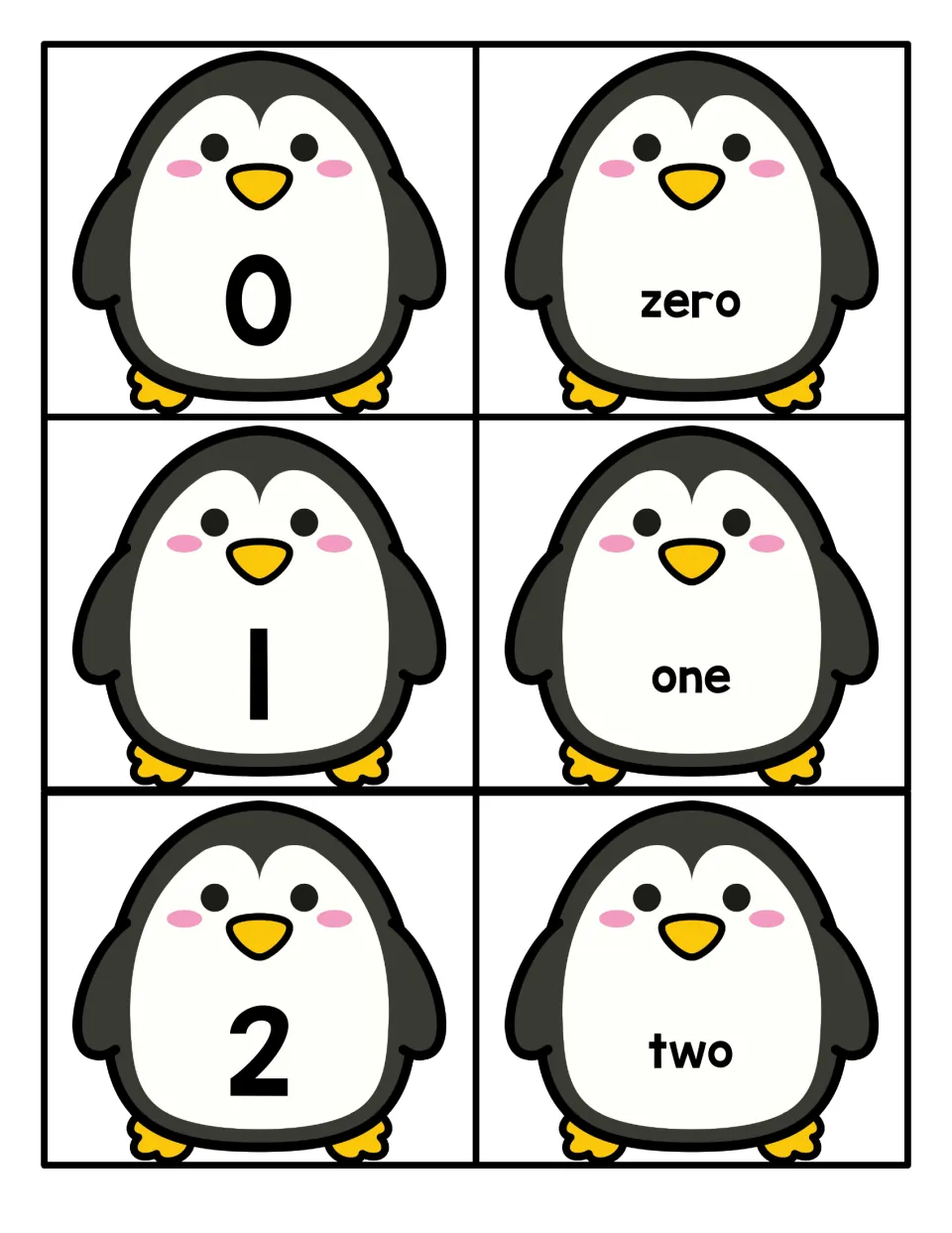 Numbers 0 to 2: six penguin cards pair the numerals 0, 1 and 2 with the words zero, one and two for numeral-word matching