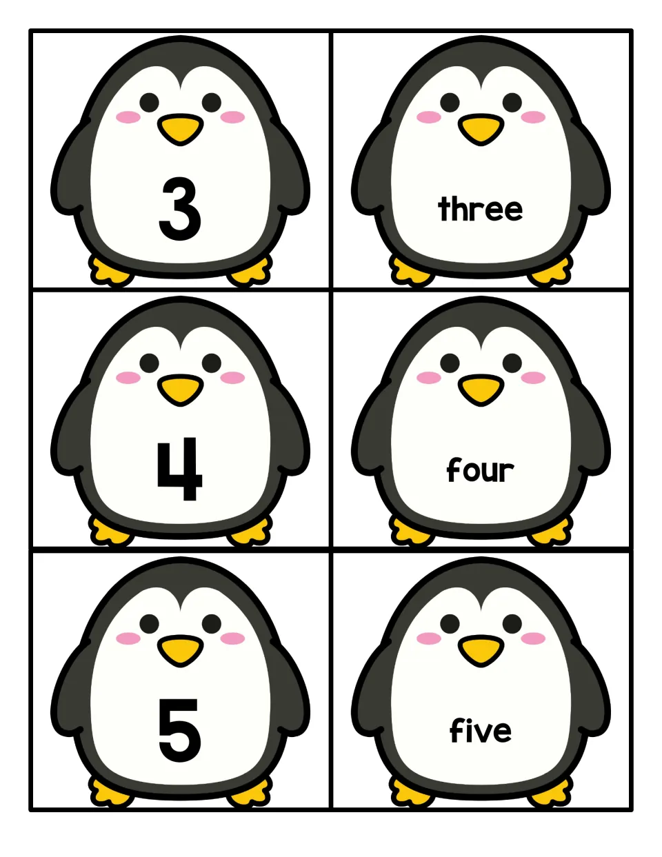 Numbers 3 to 5 on penguin cards: numerals 3, 4 and 5 beside word cards three, four and five to cut apart and pair up